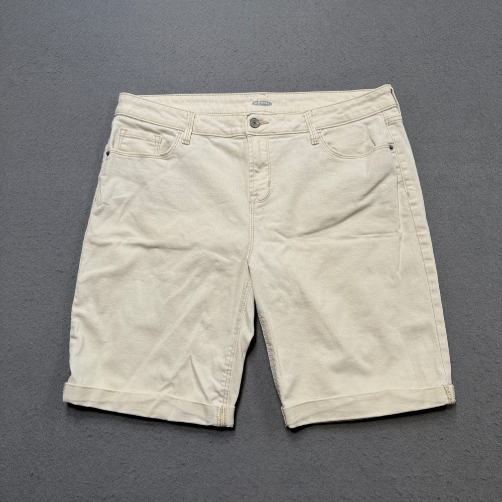 Old Navy Bermuda Shorts Women's 14 White Denim Mid Rise Straight Fit‎ Cuffed Hem